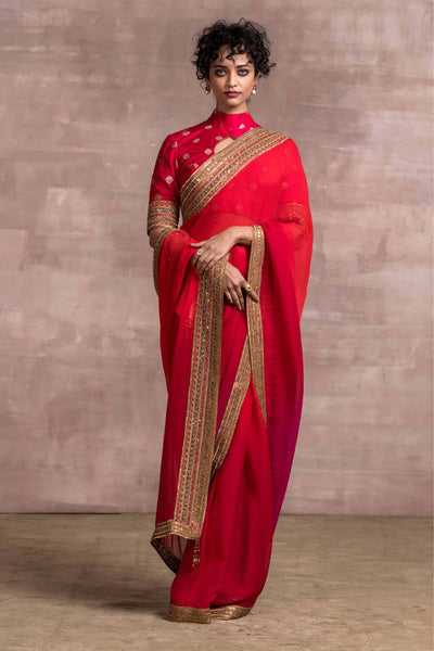 Tarun Tahiliani Two-Toned Chiffon Saree With Hand-Embroidered Borders And Silk-Brocade Blouse red festive indian designer wear online shopping melange singapore indian designer wear