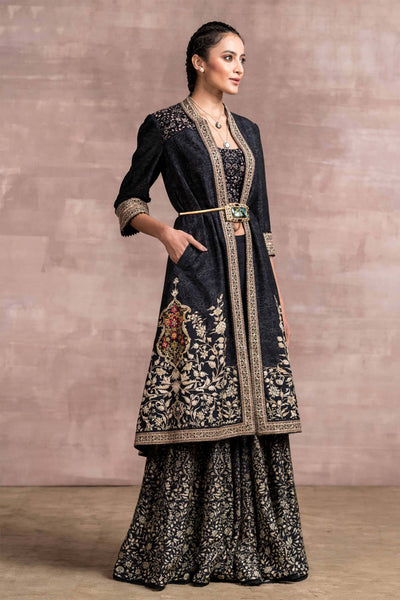 tarun tahiliani Velvet Bustier Matching Kalidar Sharara With Jacket black festive occasion indian designer wear online shopping melange singapore