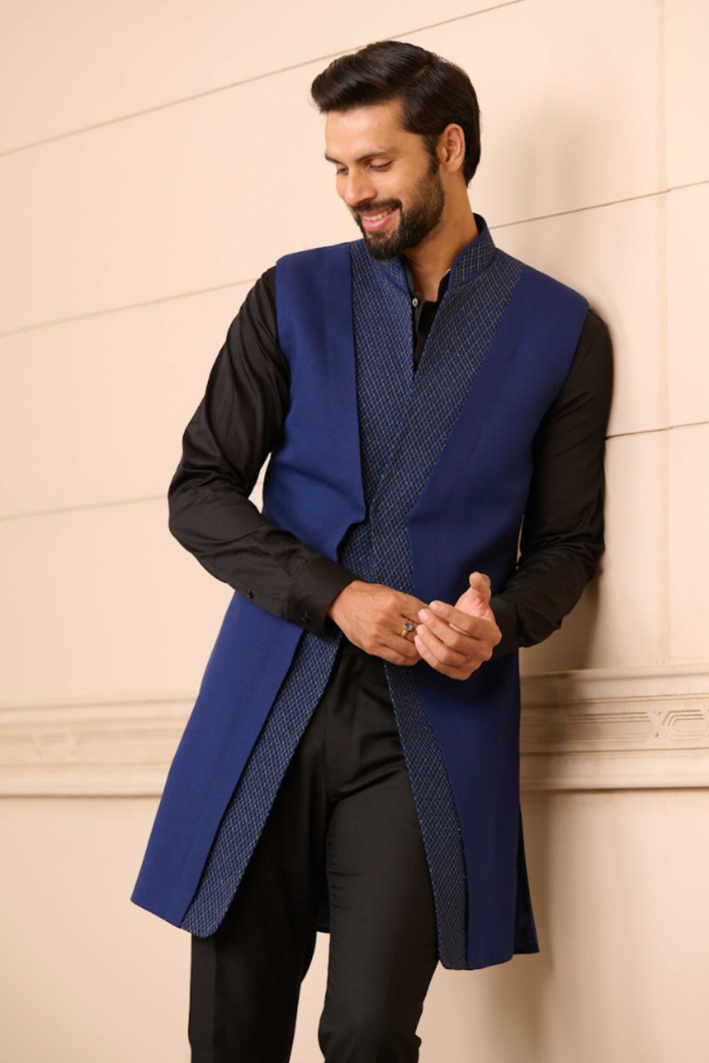 Tarun Tahiliani Menswear Waistcoat Blue indian designer wear online shopping melange singapore