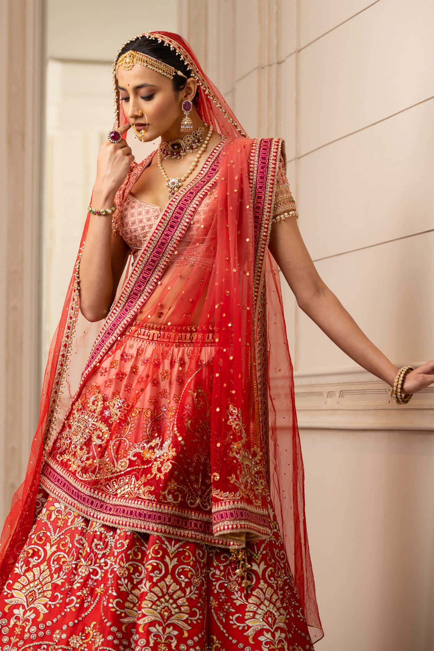Tarun Tahiliani Zardozi Lehenga With Stylised Blouse red online shopping melange singapore indian designer wear wedding bridal