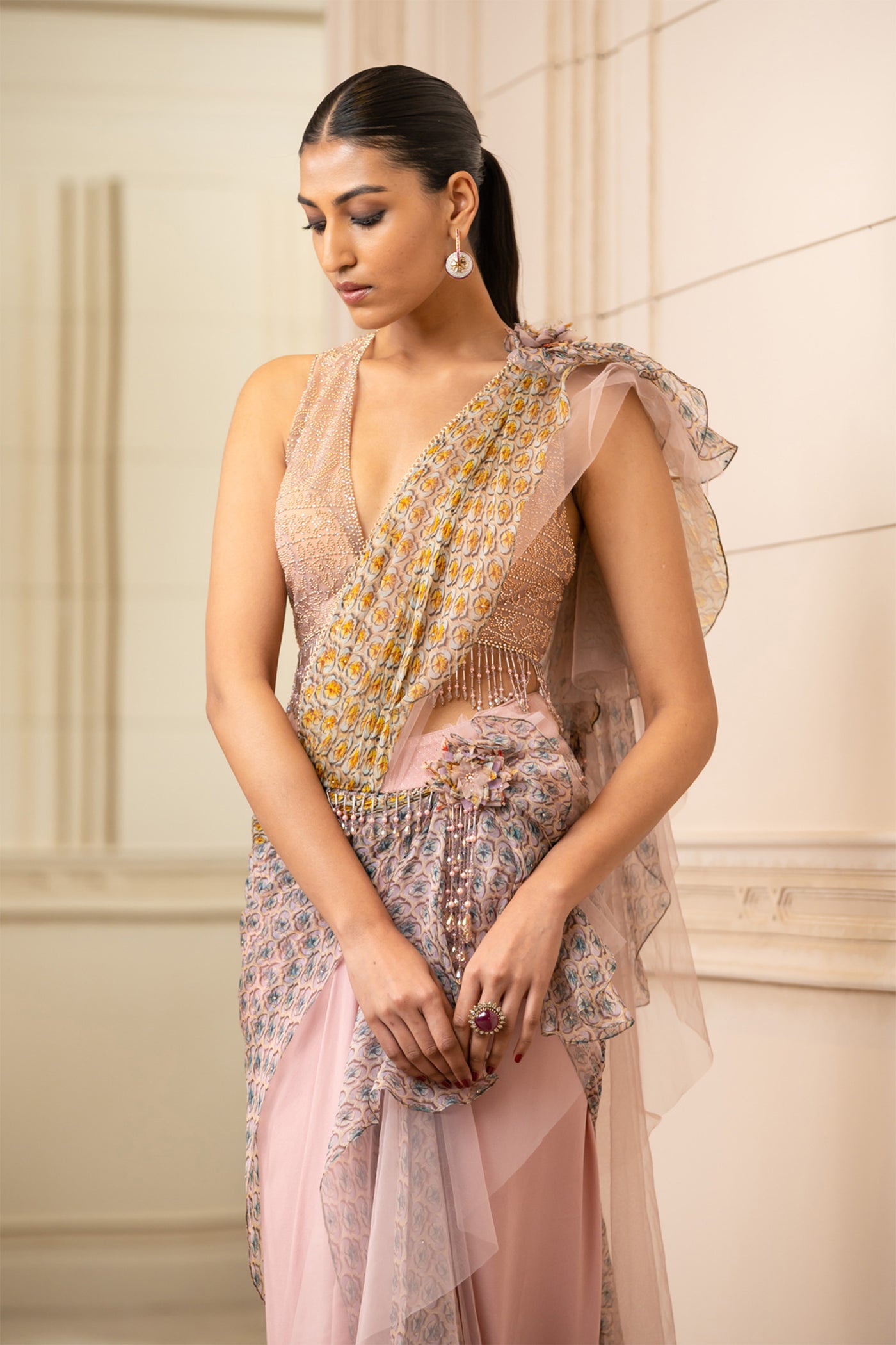 Tarun Tahiliani Printed Drape Saree With Studded Halter Blouse blush fusion indian designer wear online shopping melange singapore