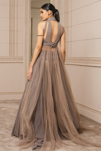 Tarun Tahiliani Draped Lehenga In Crinkle Net oyster grey online shopping melange singapore indian designer wear