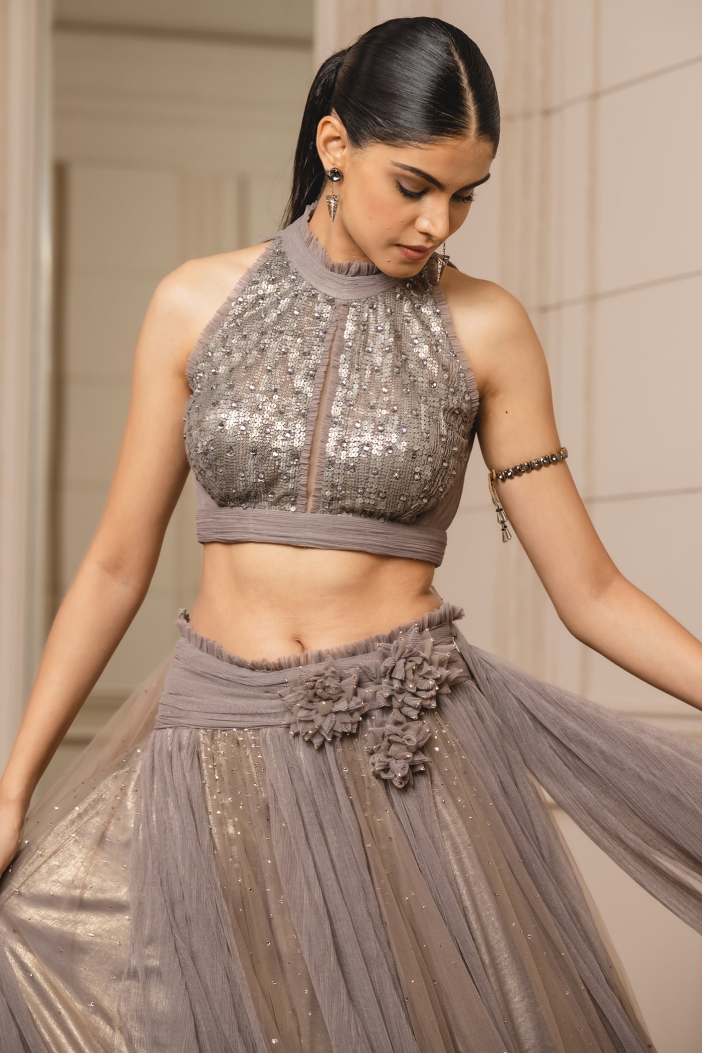 Tarun Tahiliani Draped Lehenga In Crinkle Net oyster grey online shopping melange singapore indian designer wear