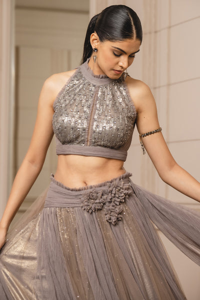 Tarun Tahiliani Draped Lehenga In Crinkle Net oyster grey online shopping melange singapore indian designer wear