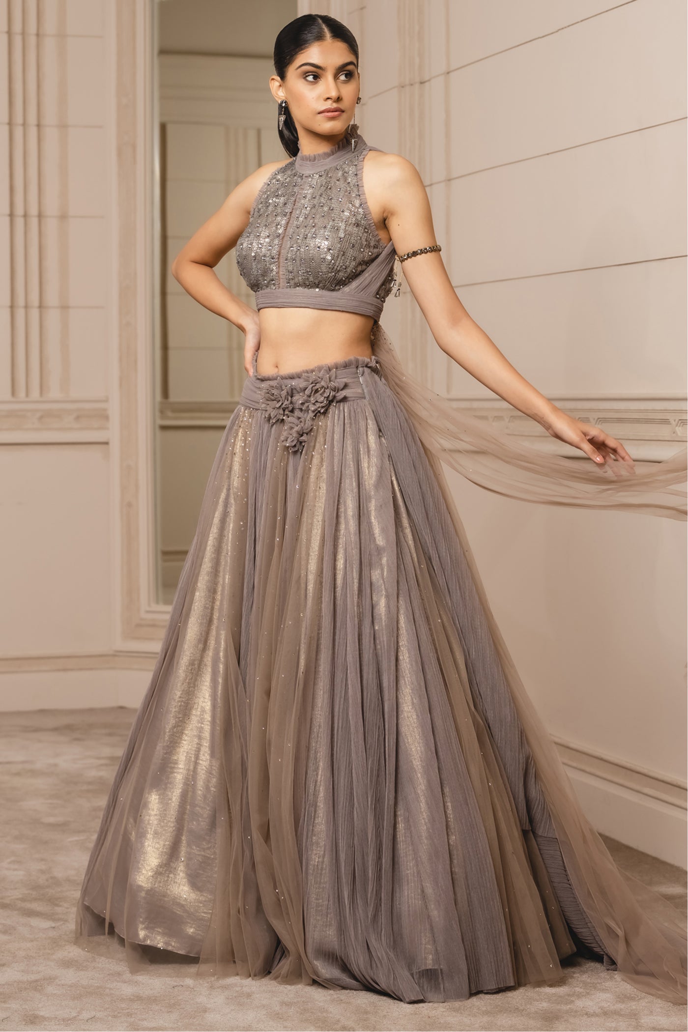 Tarun Tahiliani Draped Lehenga In Crinkle Net oyster grey online shopping melange singapore indian designer wear