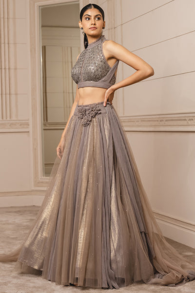 Tarun Tahiliani Draped Lehenga In Crinkle Net oyster grey online shopping melange singapore indian designer wear