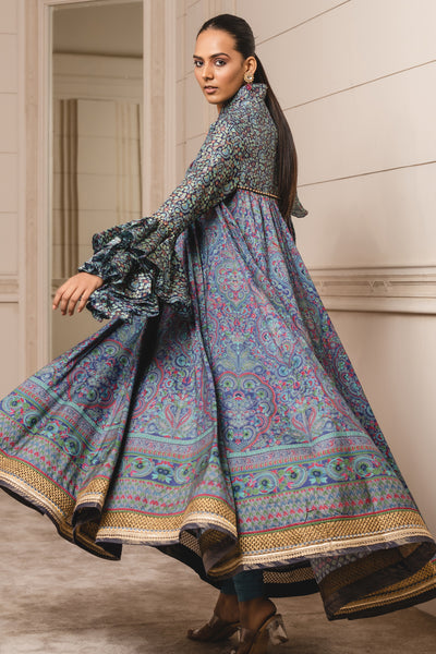 Tarun Tahiliani Blue Printed Kalidar Anarkali festive indian designer wear online shopping melange singapore