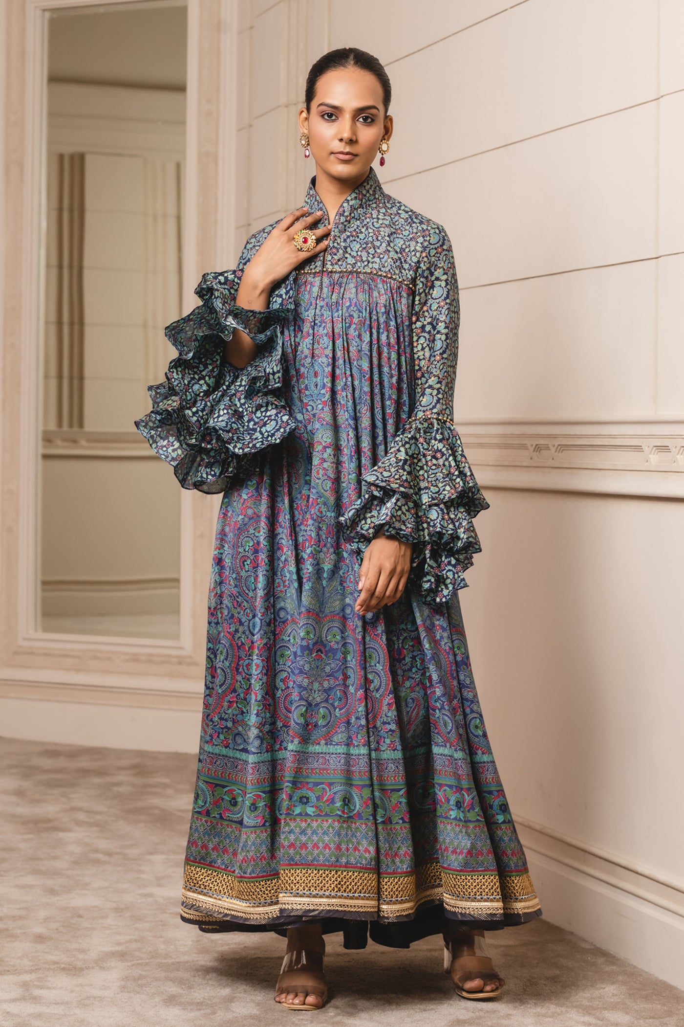 Tarun Tahiliani Blue Printed Kalidar Anarkali festive indian designer wear online shopping melange singapore