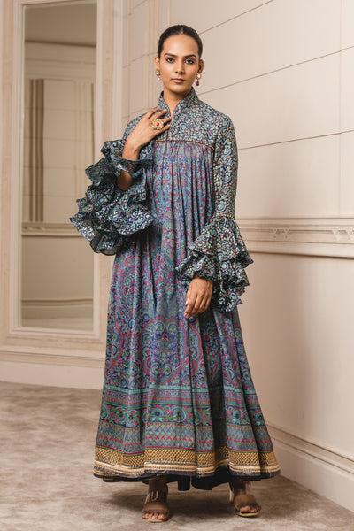 Tarun Tahiliani Blue Printed Kalidar Anarkali festive indian designer wear online shopping melange singapore