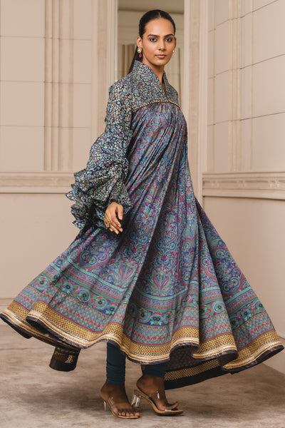 Tarun Tahiliani Blue Printed Kalidar Anarkali festive indian designer wear online shopping melange singapore