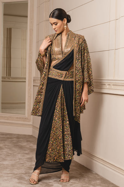 Tarun Tahiliani Black Printed Cape festive fusion indian designer wear online shopping melange singapore