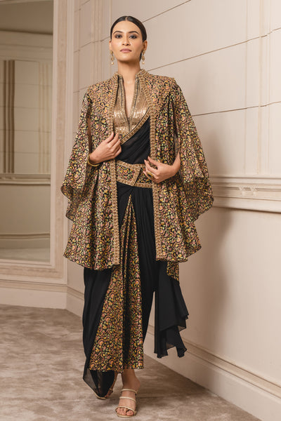 Tarun Tahiliani Black Printed Cape festive fusion indian designer wear online shopping melange singapore