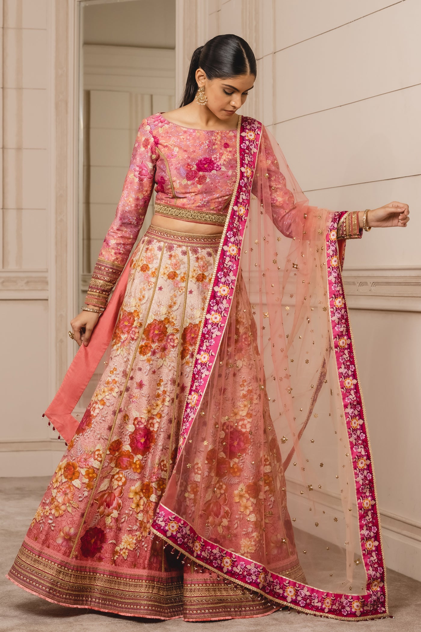 Tarun Tahiliani Printed Lehenga With Printed Crop Top pink festive indian designer wear online shopping melange singapore