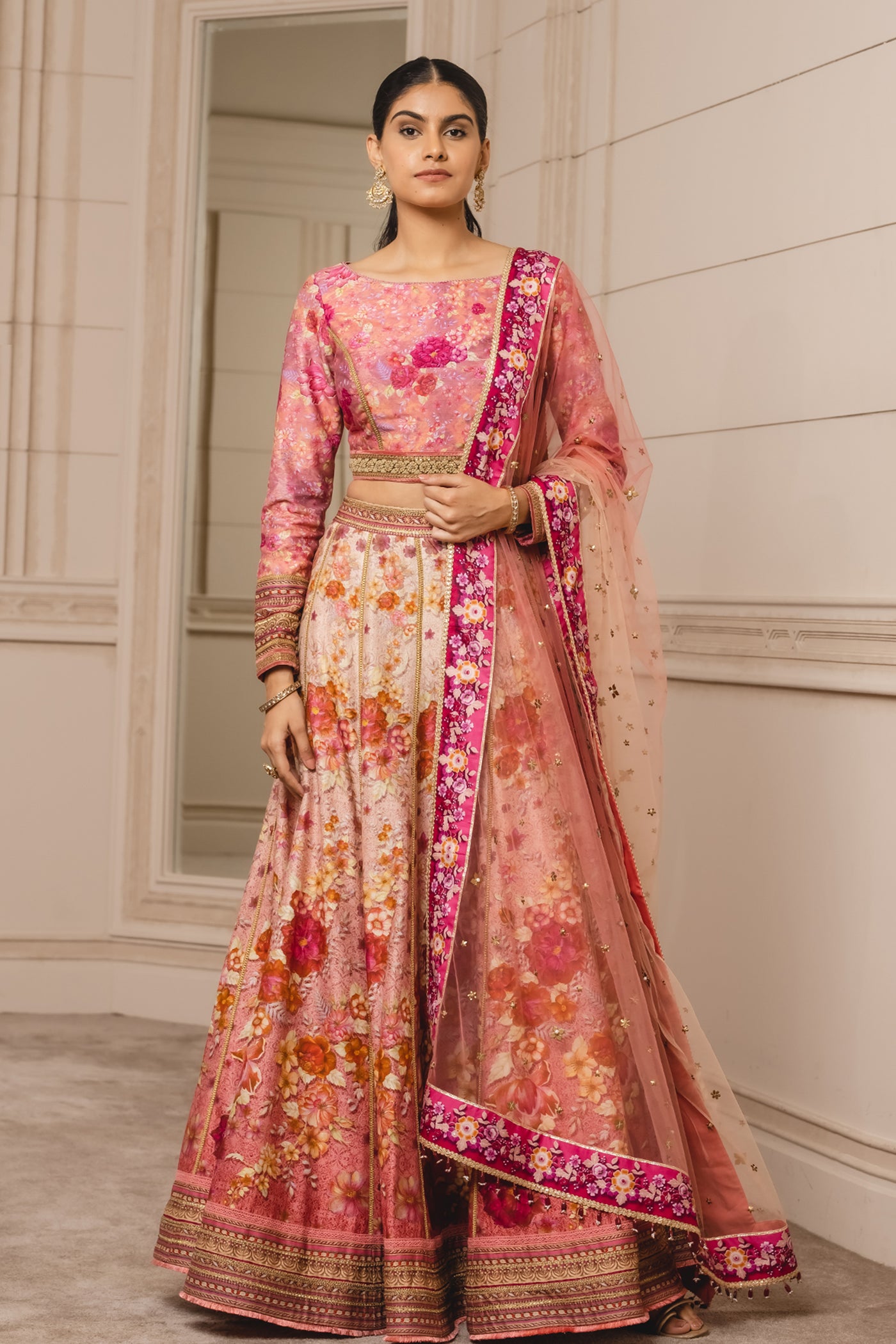 Tarun Tahiliani Printed Lehenga With Printed Crop Top pink festive indian designer wear online shopping melange singapore