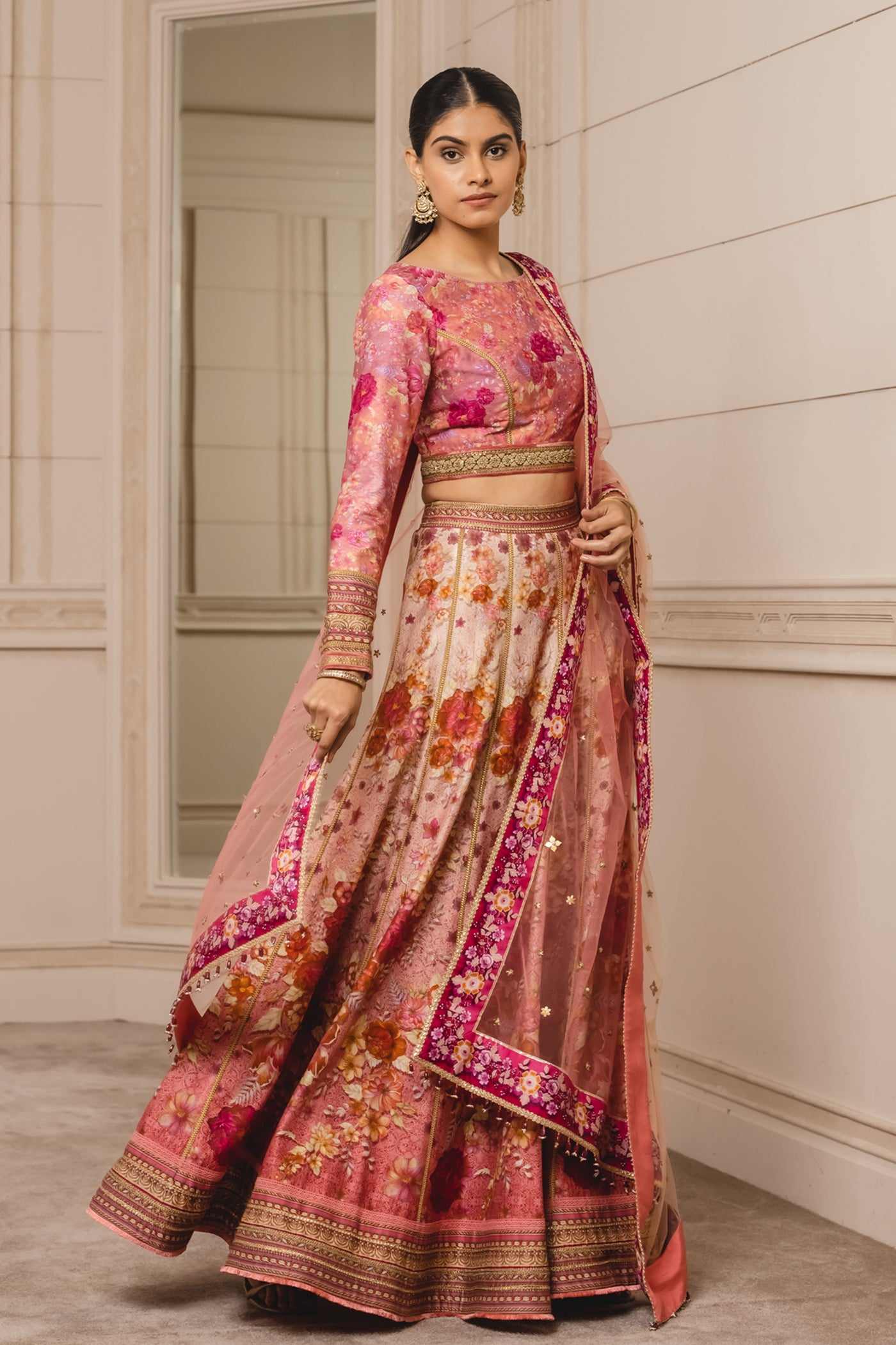 Tarun Tahiliani Printed Lehenga With Printed Crop Top pink festive indian designer wear online shopping melange singapore