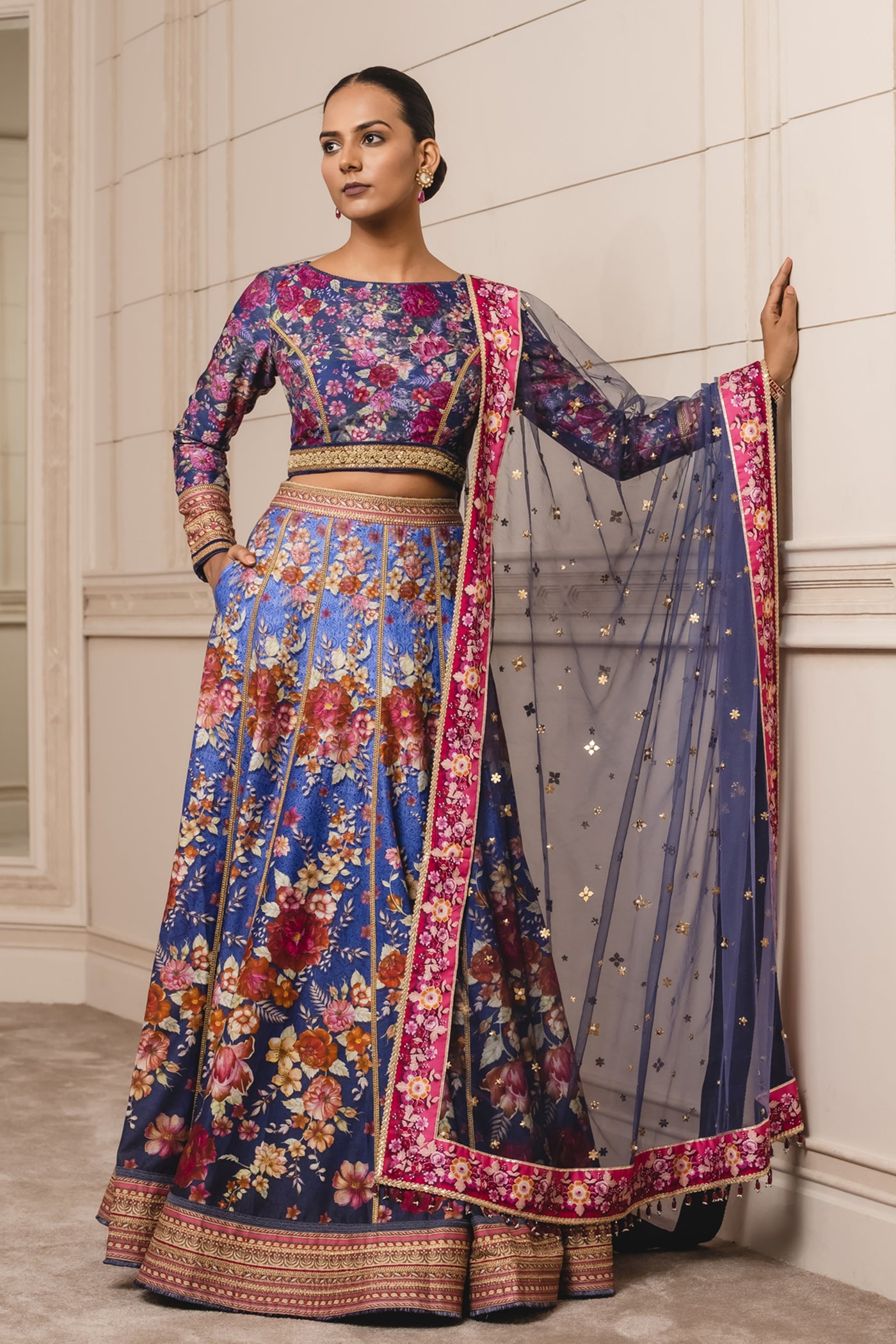 Tarun Tahiliani Royal Blue Printed Lehenga With Printed Crop Top festive indian designer wear online shopping melange singapore