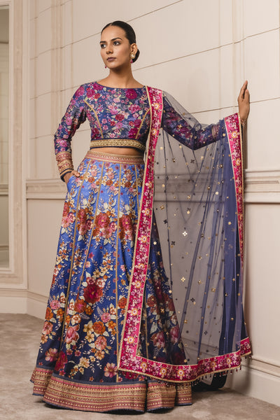 Tarun Tahiliani Royal Blue Printed Lehenga With Printed Crop Top festive indian designer wear online shopping melange singapore