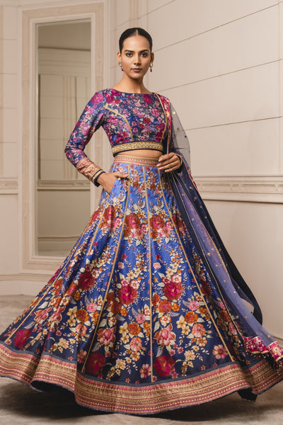 Tarun Tahiliani Royal Blue Printed Lehenga With Printed Crop Top festive indian designer wear online shopping melange singapore