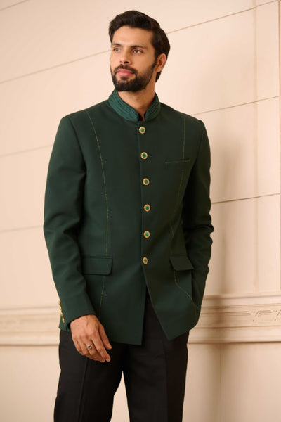 Tarun Tahiliani Bandhgala, Shirt, and Trousers Emerald indian designer wear online shopping melange singapore