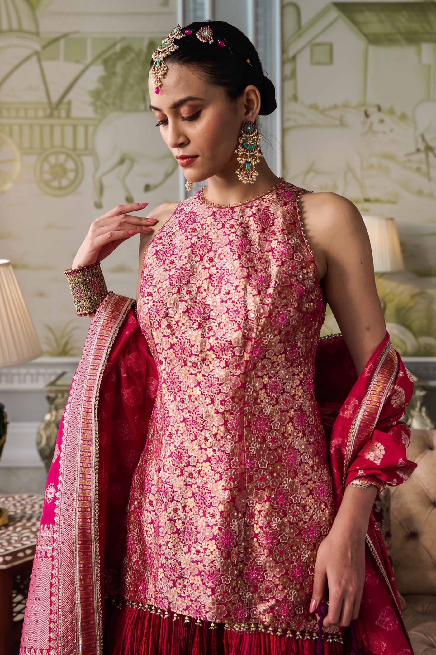 Tarun Tahiliani Brocade Kurti With Sharara And Dupatta fuchsia festive bridal indian designer wear online shopping melange singapore