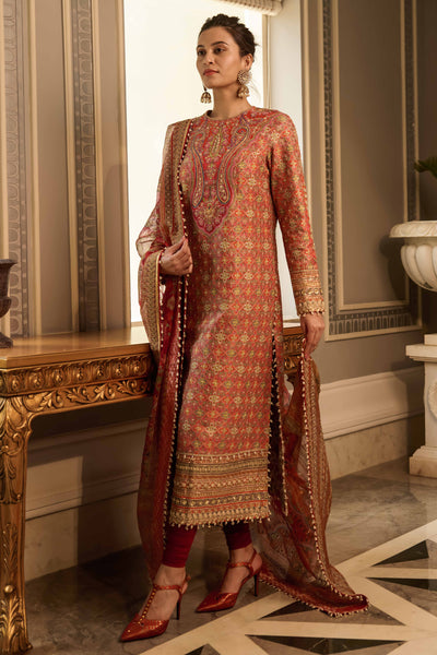 tarun tahiliani Kashida Kurta Churidar And Dupatta red festive indian designer wear online shopping melange singapore