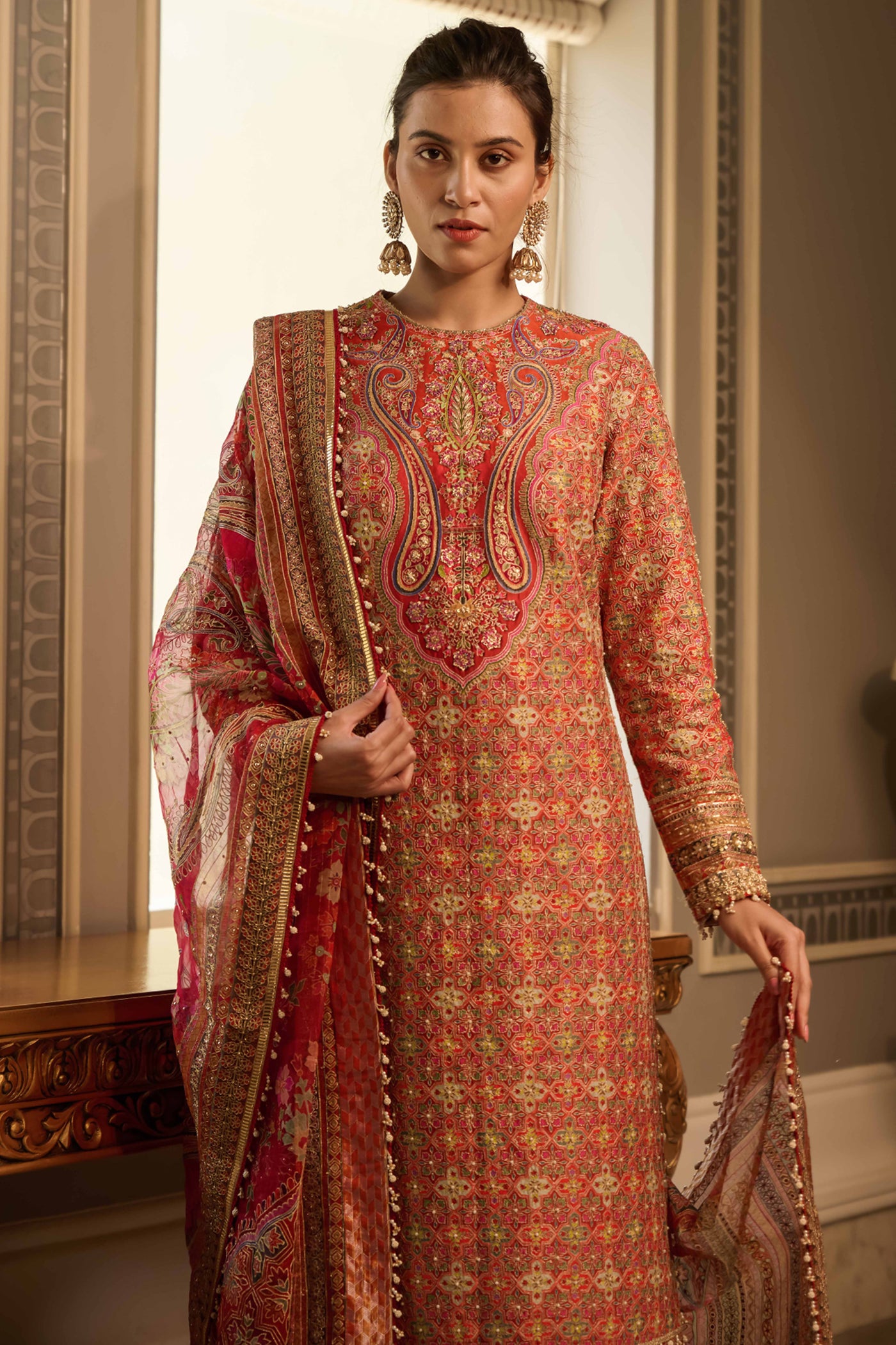 tarun tahiliani Kashida Kurta Churidar And Dupatta red festive indian designer wear online shopping melange singapore