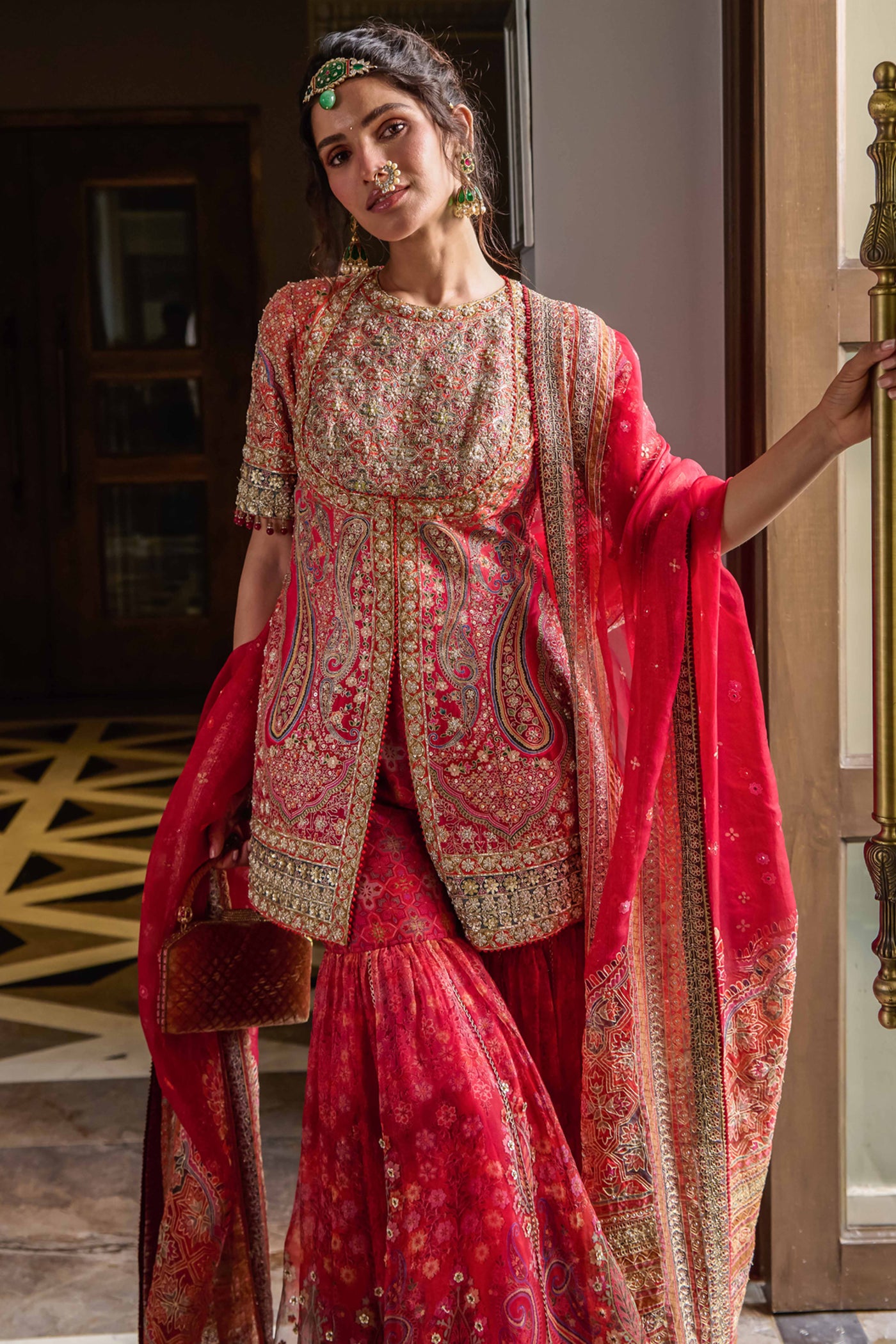 Tarun Tahiliani Kashida Kurti Sharara And Dupatta red festive indian designer wear bridal wedding online shopping melange singapore