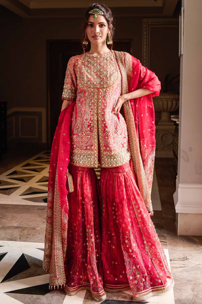 Tarun Tahiliani Kashida Kurti Sharara And Dupatta red festive indian designer wear bridal wedding online shopping melange singapore