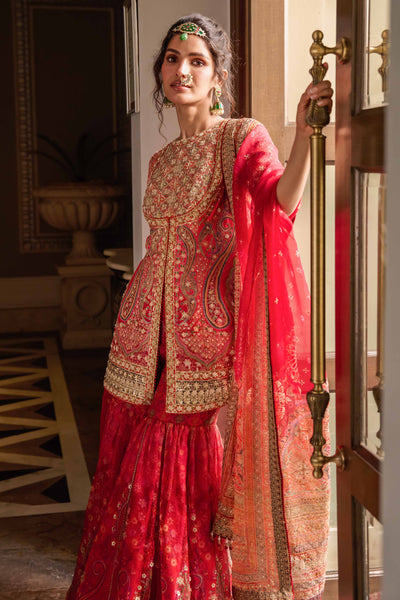 Tarun Tahiliani Kashida Kurti Sharara And Dupatta red festive indian designer wear bridal wedding online shopping melange singapore