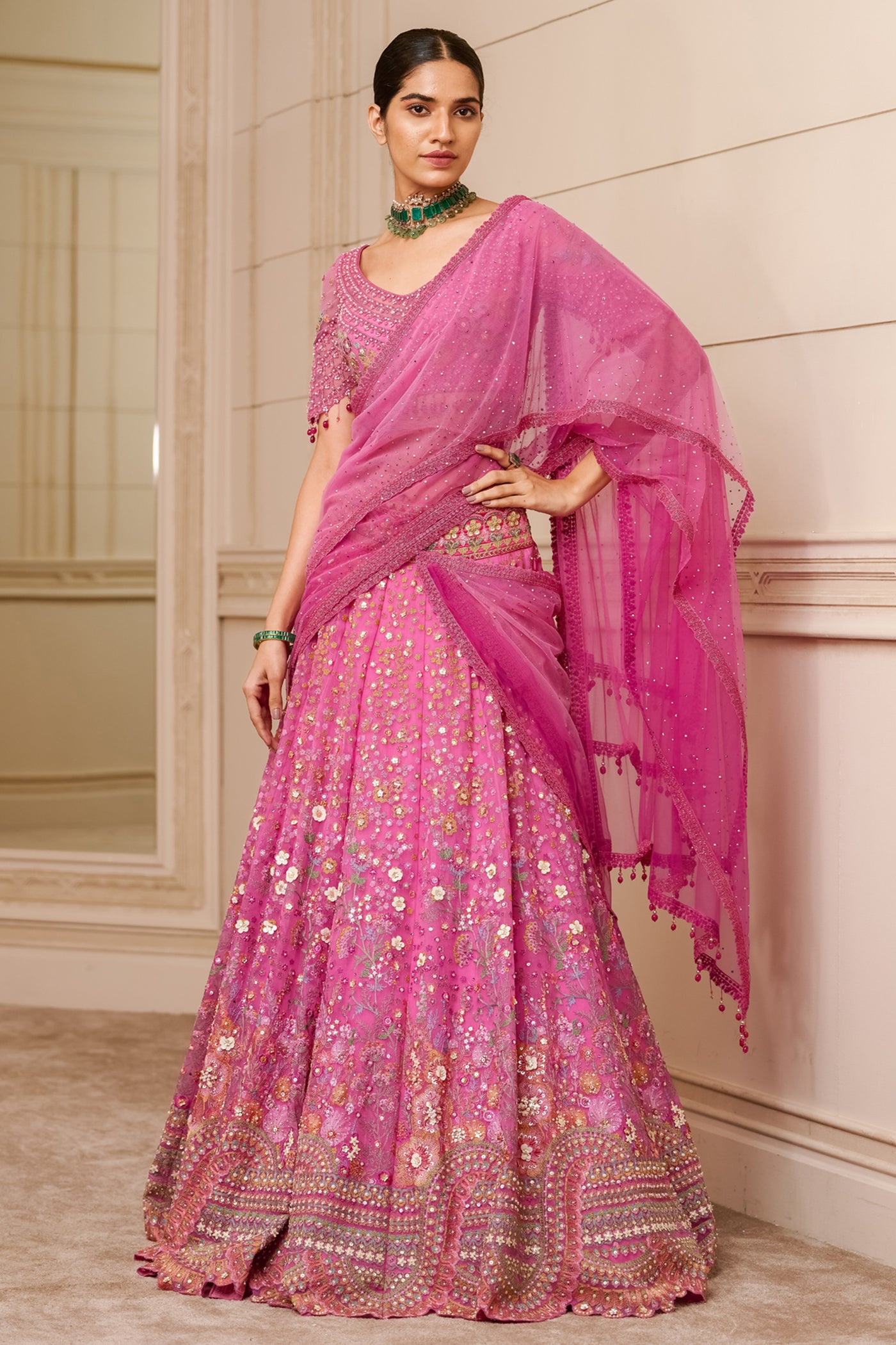 Tarun Tahiliani Lehenga Saree With Blouse And Tulle Drape fuchsia festive indian designer wear online shopping melange singapore wedding bridal