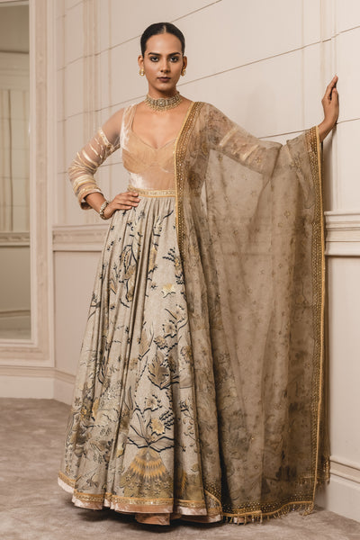 Tarun Tahiliani Printed Anarkali With Sheer Dupatta gold festive indian designer wear online shopping melange singapore