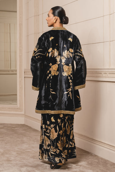 Tarun Tahiliani Printed Jacket With Kurta And Trousers black festive indian designer wear online shopping melange singapore