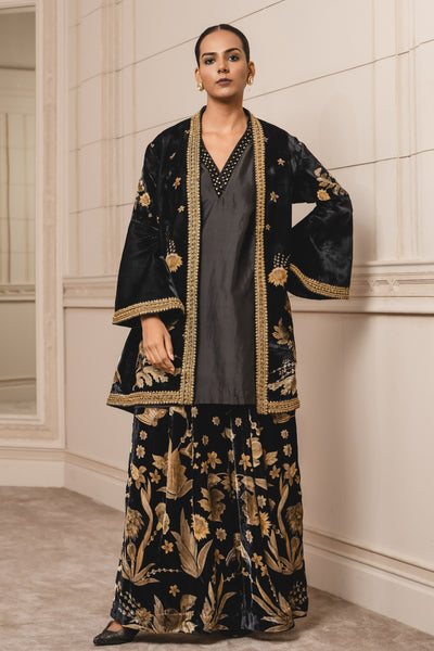 Tarun Tahiliani Printed Jacket With Kurta And Trousers black festive indian designer wear online shopping melange singapore