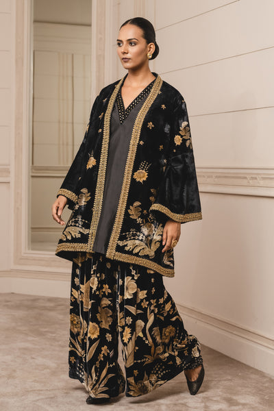 Tarun Tahiliani Printed Jacket With Kurta And Trousers black festive indian designer wear online shopping melange singapore