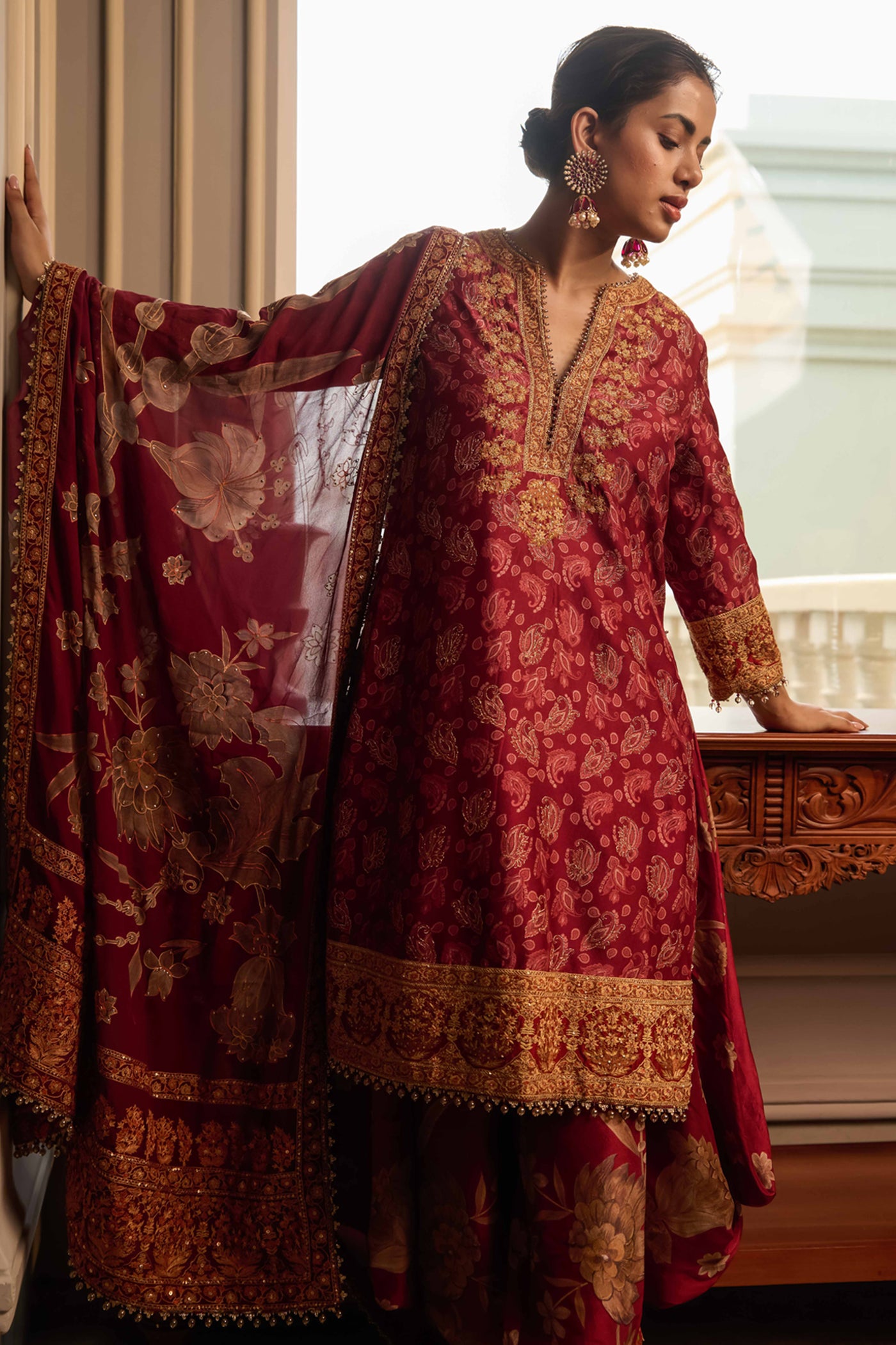 Tarun Tahiliani Printed Kurta Salwar And Dupatta red festive indian designer wear online shopping melange singapore