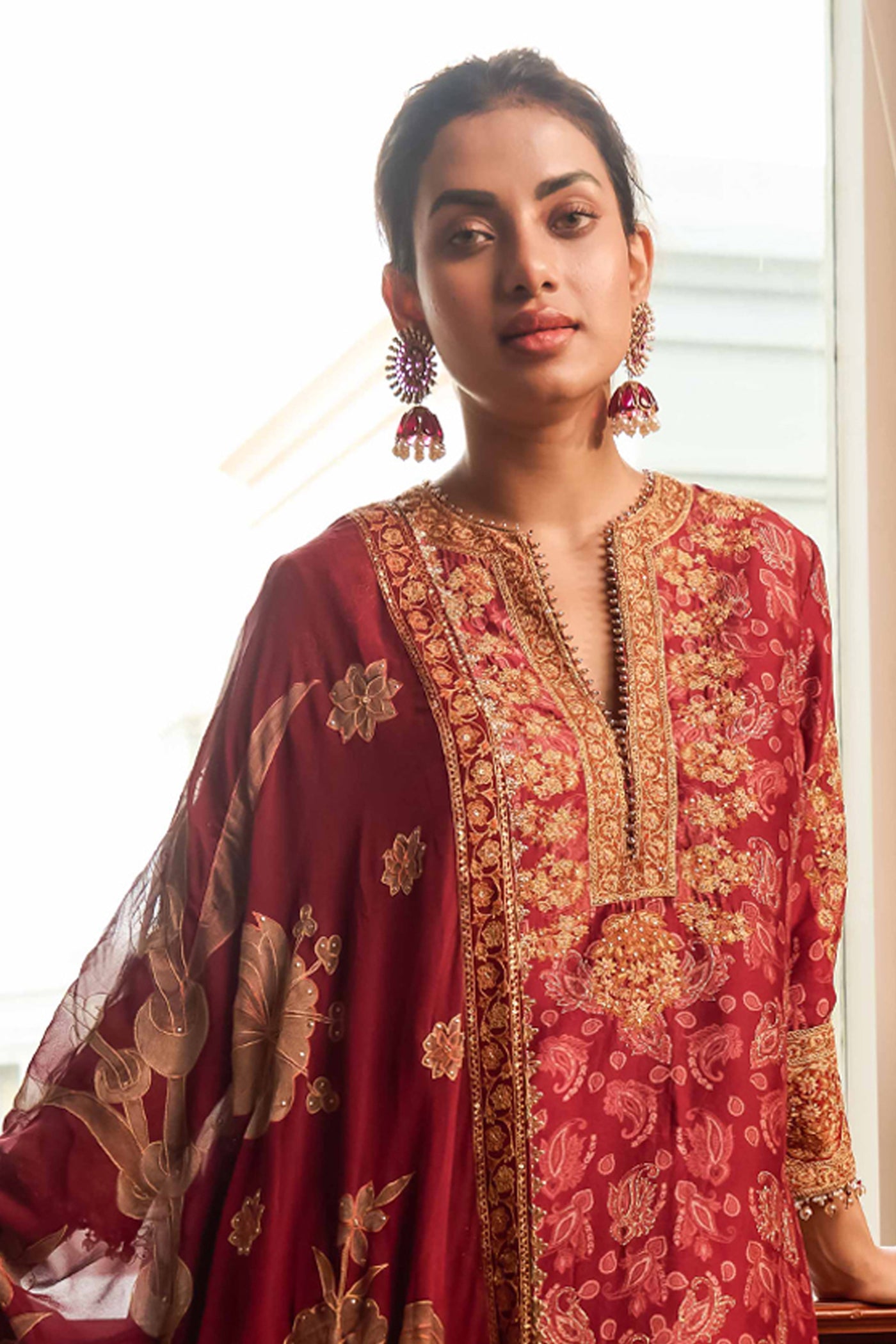Tarun Tahiliani Printed Kurta Salwar And Dupatta red festive indian designer wear online shopping melange singapore