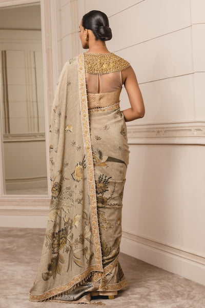 Tarun Tahiliani Printed Saree With Corset gold festive indian designer wear online shopping melange singapore