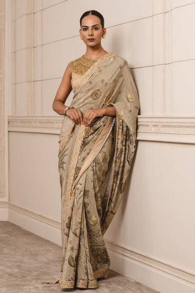 Tarun Tahiliani Printed Saree With Corset gold festive indian designer wear online shopping melange singapore