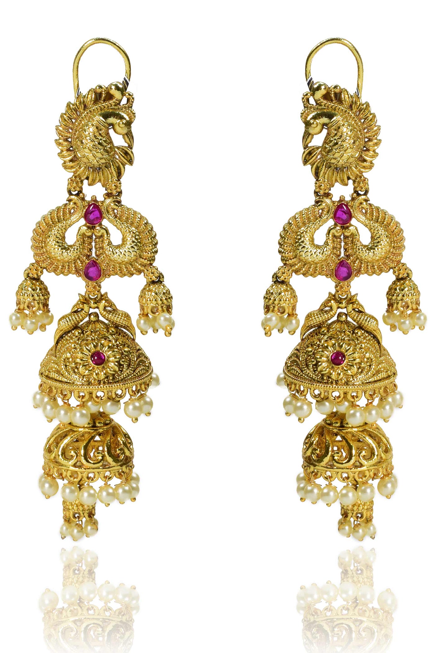 Tizora antique double jhumki earrings gold and red fashion imitation jewellery indian designer wear online shopping melange singapore