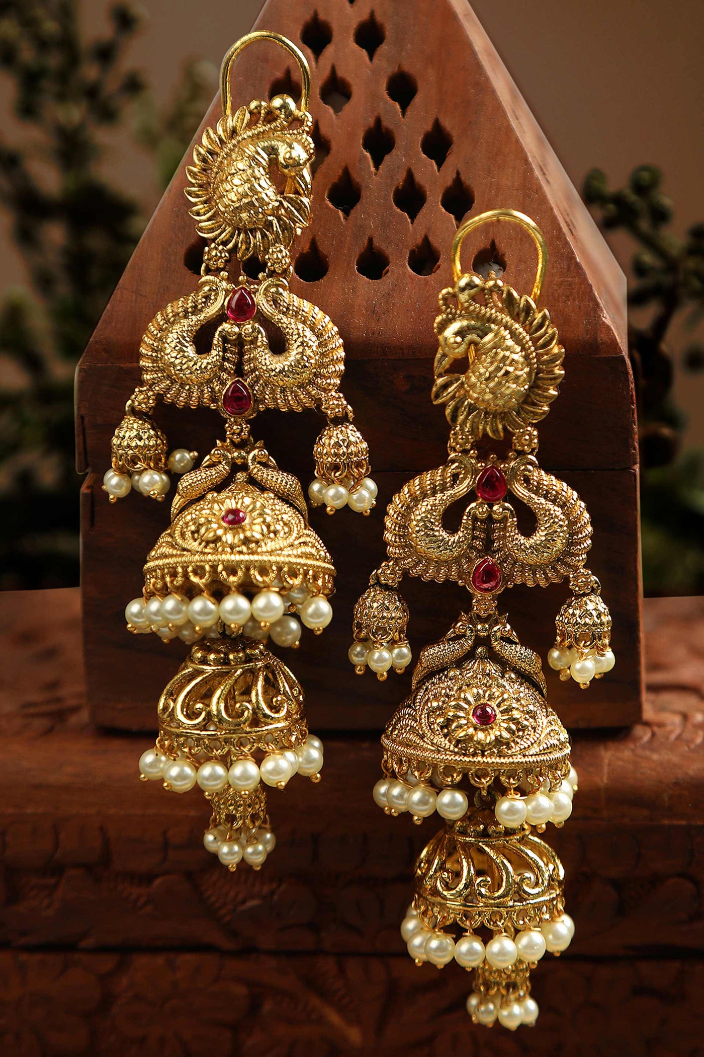 Tizora antique double jhumki earrings gold and red fashion imitation jewellery indian designer wear online shopping melange singapore