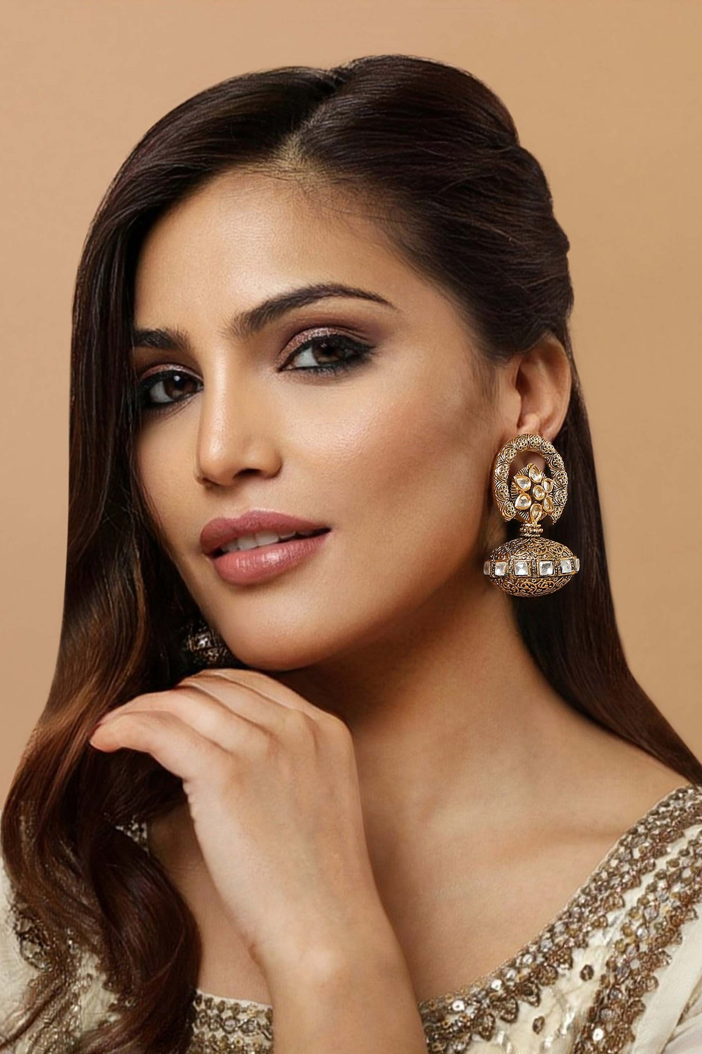 Tizora antique ethnic earrings gold and white fashion imitation jewellery indian designer wear online shopping melange singapore