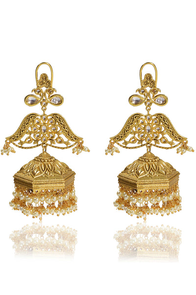 Tizora antique gold jhumki earrings gold white fashion imitation jewellery indian designer wear online shopping melange singapore