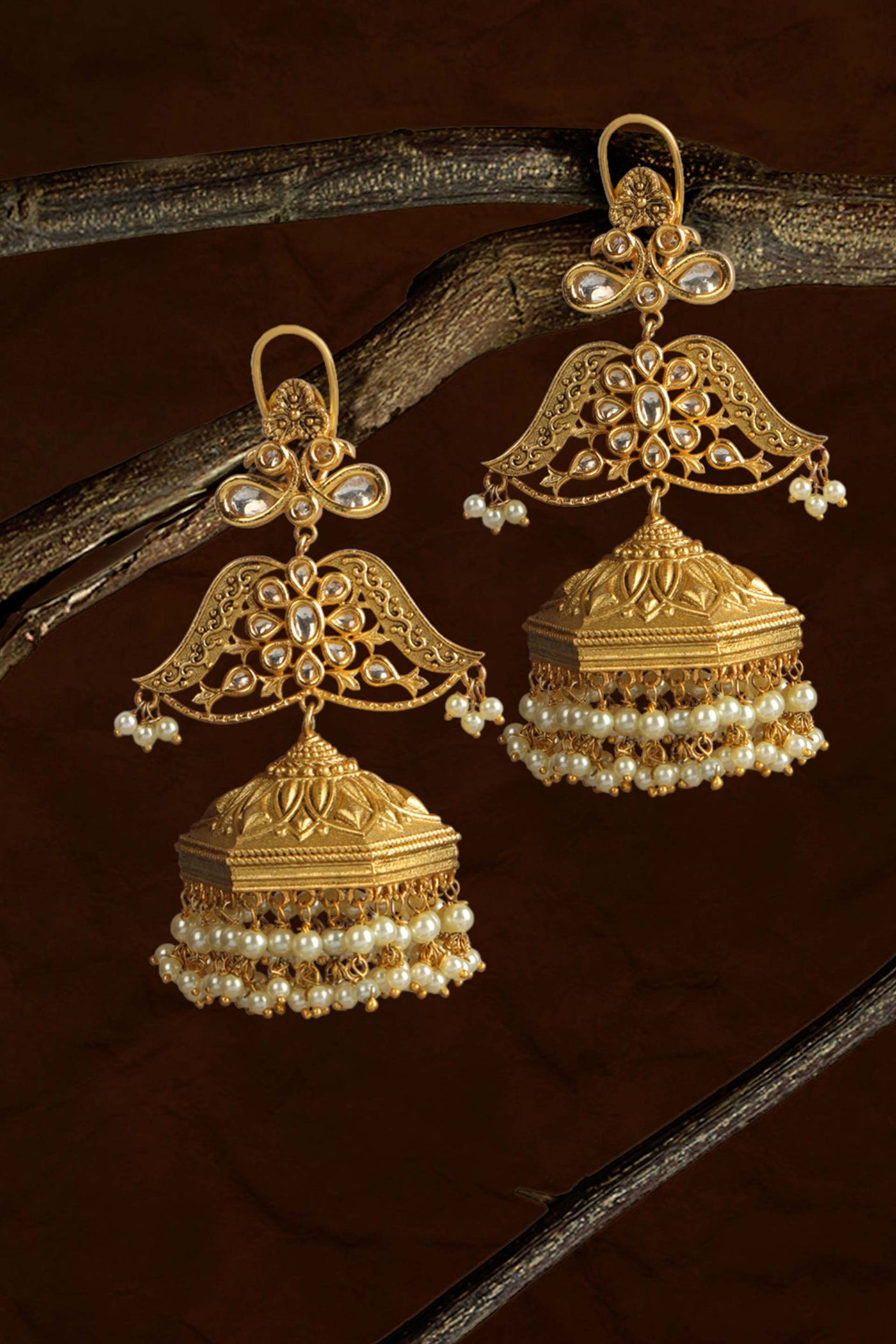 Tizora antique gold jhumki earrings gold white fashion imitation jewellery indian designer wear online shopping melange singapore