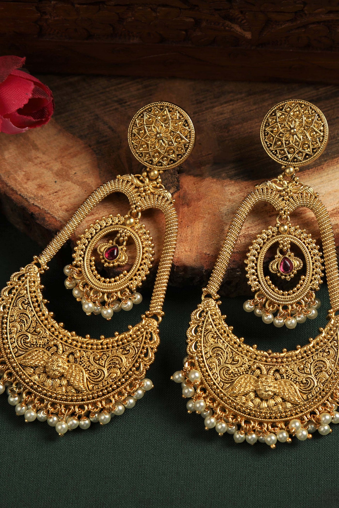 Tizora antique handcrafted gold earrings red gold fashion imitation jewellery indian designer wear online shopping melange singapore