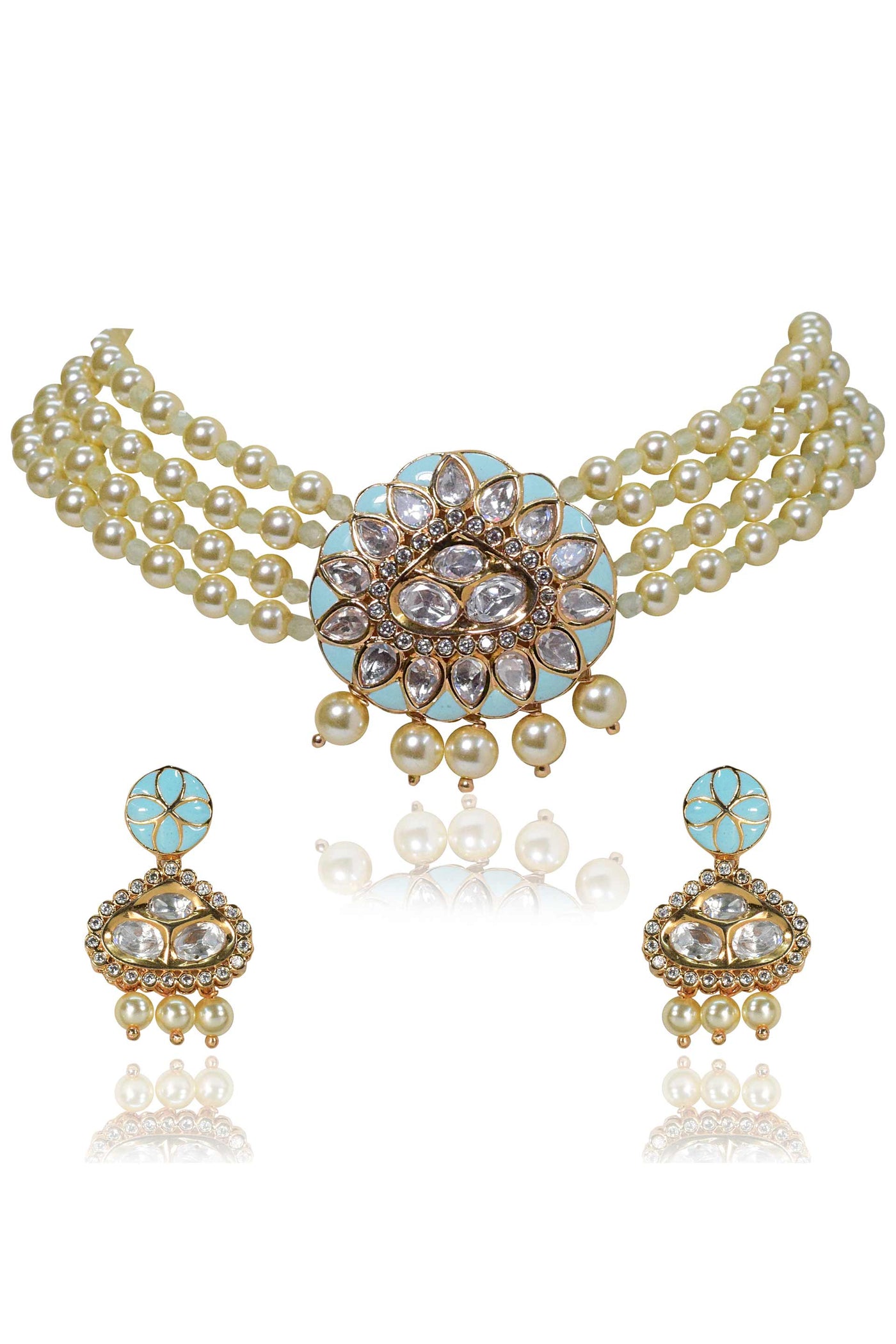 Tizora blue meena pearl necklace set blue white gold fashion imitation jewellery indian designer wear online shopping melange singapore