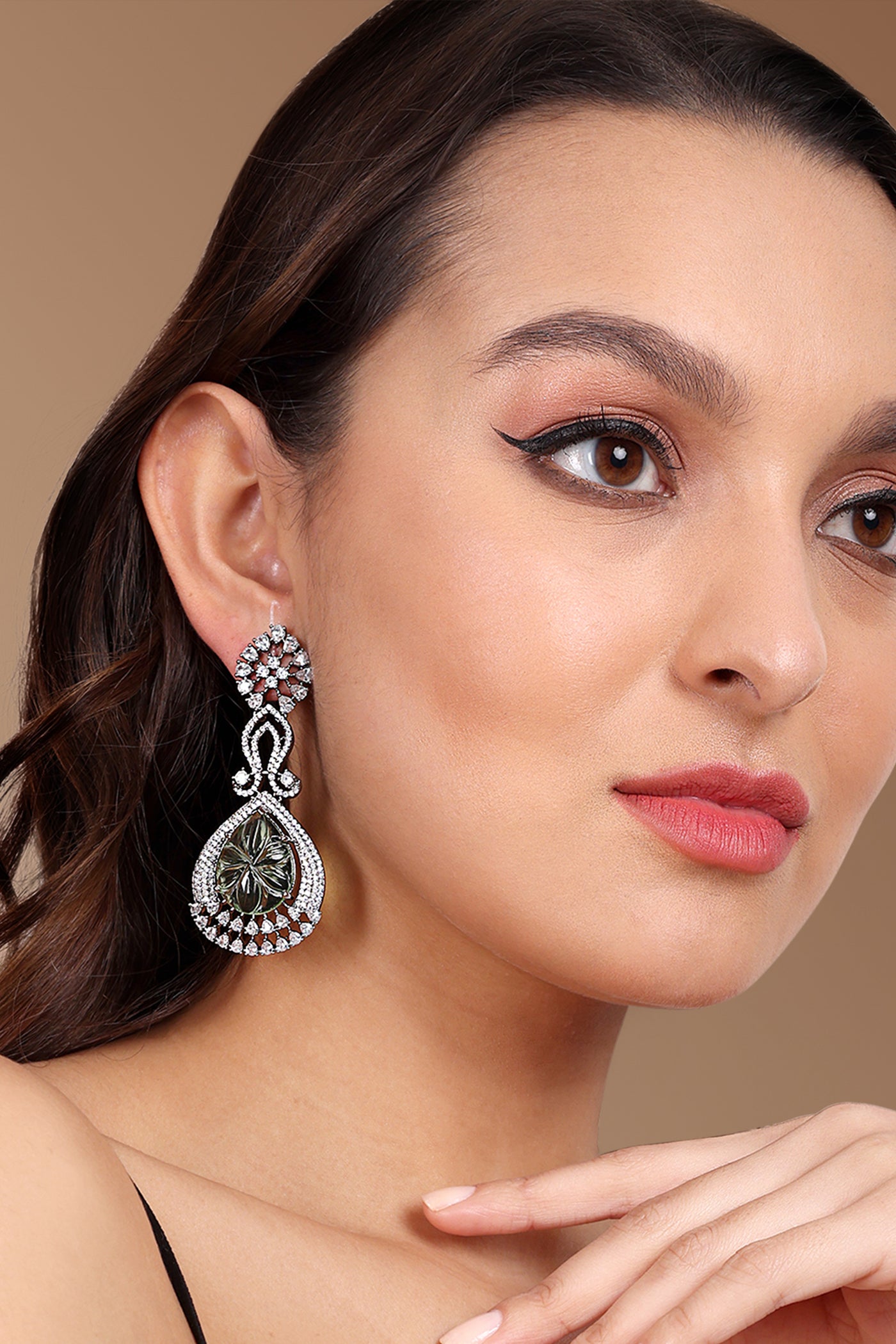 Tizora Green Carved Stone Diamond Earrings jewellery indian designer wear online shopping melange singapore