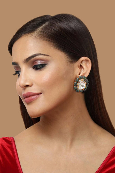 Tizora green diamonds and kundan ear tops green and white fashion imitation jewellery indian designer wear online shopping melange singapore
