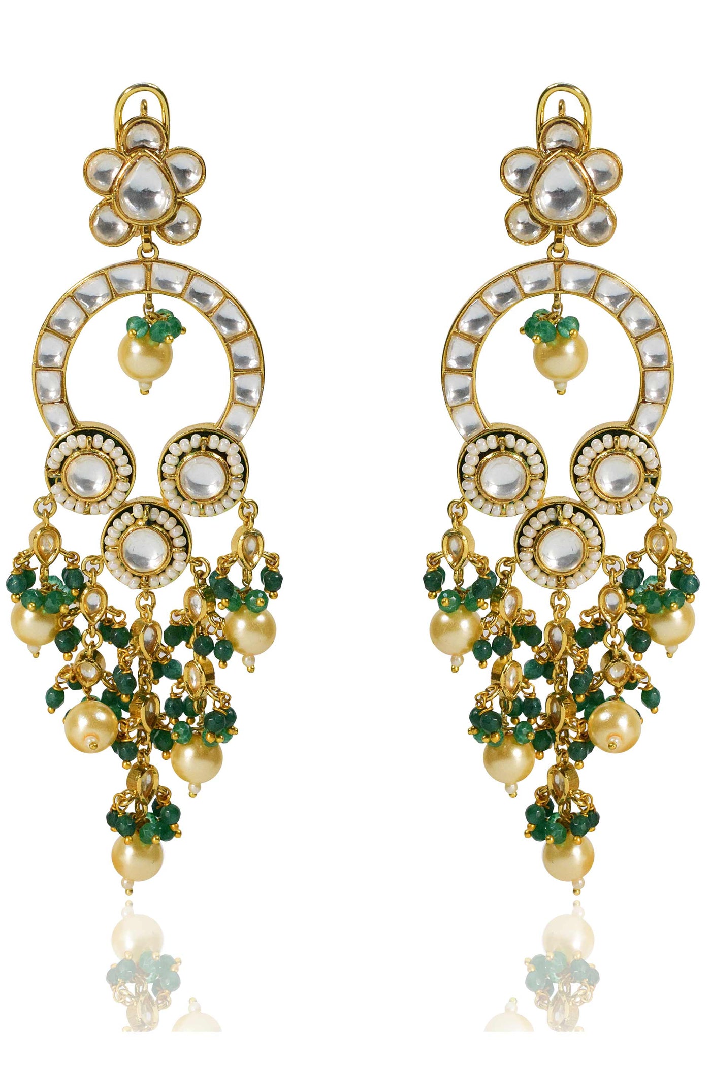 Tizora kundan green beads long earrings green gold white fashion imitation jewellery indian designer wear online shopping melange singapore