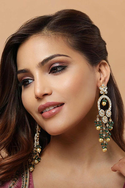 Tizora kundan green beads long earrings green gold white fashion imitation jewellery indian designer wear online shopping melange singapore