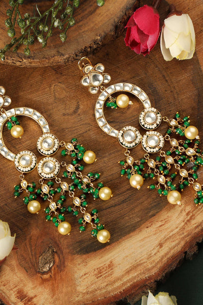 Tizora kundan green beads long earrings green gold white fashion imitation jewellery indian designer wear online shopping melange singapore